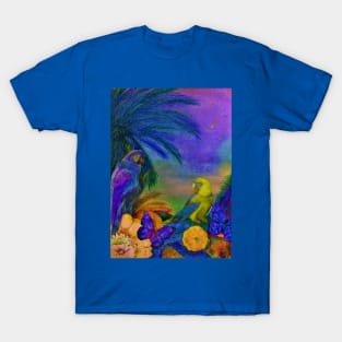 VIVID DECO PARROT ART POSTER EXOTIC BUTTERFLIES FLOWERS PALMS PURPLE BLUE YELLOW T-Shirt